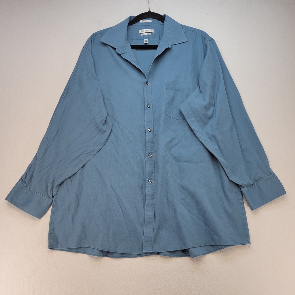 Van Heusen Dress Shirt Mens 17.5 32/33 Blue Classic Fit Pin Cord Wrinkle Free